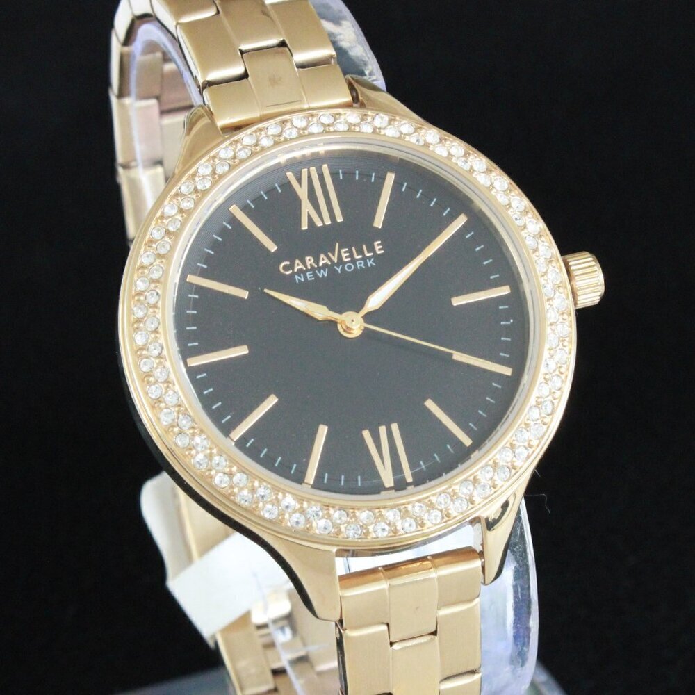 Caravelle New York Ladies Casual Watch Swarovski Crystal Bezel Gold Tone 37mm